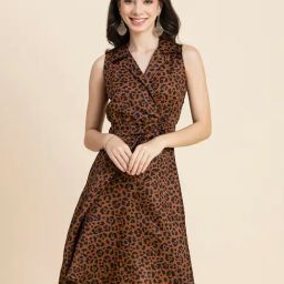 Moomaya Brown & Black Printed Wrap Dress-image-104