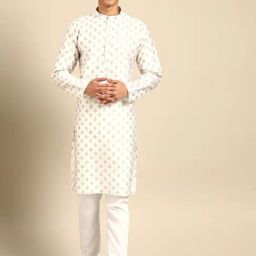 ManQ White Regular Fit Printed Kurta-image-66