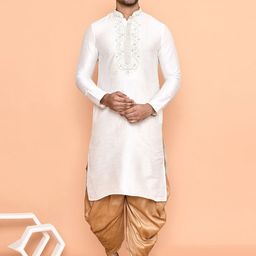 Arihant Rai Sinha Men Floral Yoke Design Regular Thread Work Dupion Silk Kurta with Patiala-picture-3