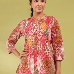 Rain and Rainbow Pink Cotton Printed A Line Short Kurti-picture-37