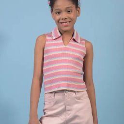 Crimsoune Club Girls Pink Regular Fit Striped T-Shirt-image-76