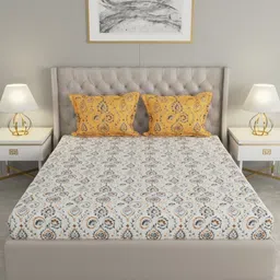 Raymond Home Camphor Yellow Printed Cotton 144 TC Queen Bedsheet With 2 Pillow Covers-image-53