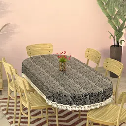 Kuber Industries Black & White Floral Printed Waterproof Oval 6-Seater Table Cover-98