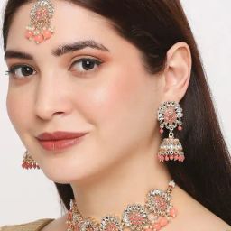 OOMPH Pink Beads & Kundan Ethnic Choker Necklace Set with Jhumka Earrings & Maangtikka-6