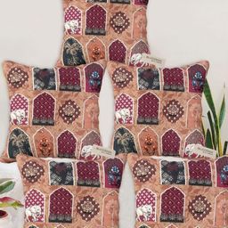 Blue Grass Maroon & White 5 Pieces Ethnic Motifs Printed Velvet Square Cushion Covers-image-84