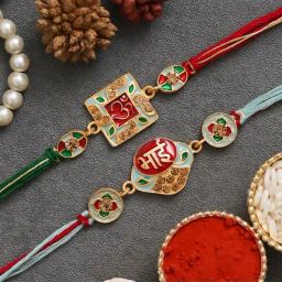 eCraftIndia Multicolor Bhai Word & Om Symbol Rakhis with Roli Chawal Pack - Set of 2-25