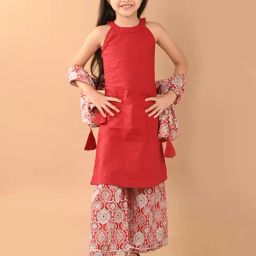 LilPicks Kids Red & White Printed Kurta, Sharara With Dupatta-image-3