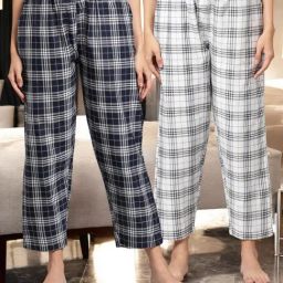 Kryptic White & Navy Blue Cotton Relaxed Fit Printed Lounge Pants - Pack of 2-image-83