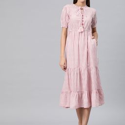 Cottinfab Striped Tie-Up Neck A-Line Midi Dress-image-43