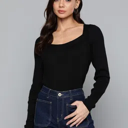 SASSAFRAS Women Black Solid Acrylic Pullover-image-4