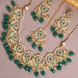 OOMPH Green Kundan & Pearls Choker Necklace Set with Drop Chandbali Earrings & Maangtikka-image-94