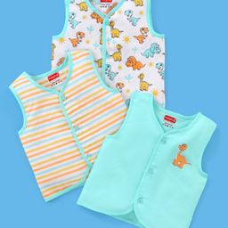 Babyhug 100% Cotton Sleeveless Jhabla Striped & Dino Print Pack of 3 - Blue & White-21