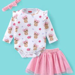 Babyhug 100% Cotton Knit Full Sleeves Onesies with Skirt & Hairband Bear Print  - Pink-picture-16