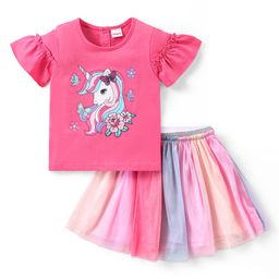 Babyhug Single Jersey Knit Half Sleeves Unicorn Print Top & Skirt Set- Multicolour-image-93