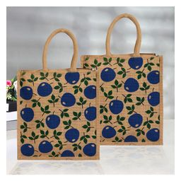Kuber Industries Grocery Bag  Jute Carry Bag  Reusable Shopping Bag  Lunch Handbag  Zipper Grocery Bag with Handle  Vegetable Bag  Blue Apple Grocery Bag  Pack of 2  Brown-image-99