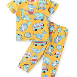 Babyhug Cotton Knit Half Sleeves Night Suit With Dinosaur Print - Yellow-13
