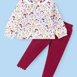 Babyhug Cotton Knit Full Sleeves Peter Pan Collared Top & Lounge Pants Set With Floral Print - White & Pink-28