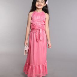 Taffykids Sleeveless Front Tie Up Lurex Striped Crop Top With Coordinating Skirt - Pink-image-62