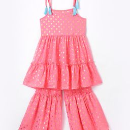 Saka Designs Georgette Sleeveless Kurta Gharara Set with Foil Print & Tassle Detailing - Peach-image-88