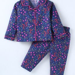 Doreme Cotton Knit Full Sleeves Floral Printed Night Suit - Navy Blue-picture-37