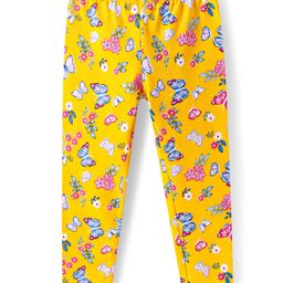 Babyhug Cotton Lycra Knit Full Length Leggings with Butterfly Print - Yellow-image-86