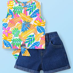 Babyhug Single Jersey Knit Sleeveless Top & Denim Shorts Set With Leaf Print - White & Blue-image-10