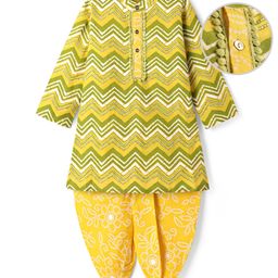 EARTHY TOUCH Cambric Woven Full Sleeves Chevron & Bandhani Printed Dhoti Kurta Set - Yellow-image-51