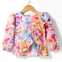 Hugsntugs Cotton Full Puffed Sleeves Floral Printed Frill Detailed Top - Multi Colour-picture-17