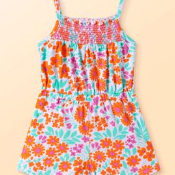 Babyhug Cotton Knit Singlet Sleeves Jumpsuit with Floral Print & Shimmer - White-image-80