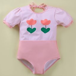 Mark & Mia HalfSleeves V Cut Swimsuit with Floral Print & Checks - Pink-image-23