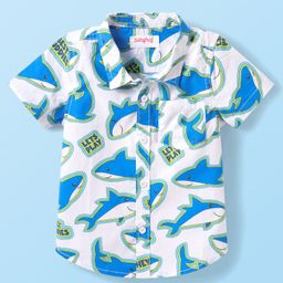 Babyhug Cotton Woven Half Sleeves Shirt With Shark Print - White-image-53