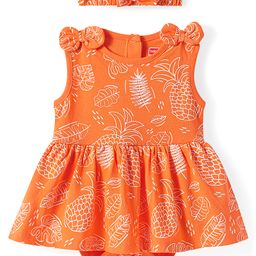 Babyhug 100% Cotton Knit Sleeveless Tropical Theme Printed Frock Style Onesie with Headband & Bow Applique - Orange-image-95