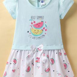 Teddy Sinker Knit Half Sleeves Frock with Hello Summer Text Print - Light Blue & White-image-74