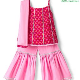 Babyoye Cambric Woven Sleeveless Kurta Gharara Set with Dupatta & Lace Detailing - Dark Pink & Pink-image-85