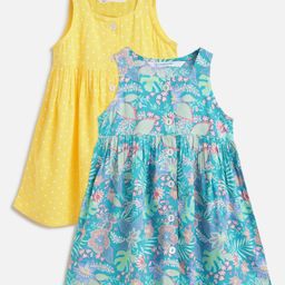 Campana Pack Of 2 Cotton Sleeveless Floral & Dots Printed Dresses - Turquoise & Yellow-image-78