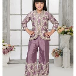 Tiny Kingdom Floral Embroidered & Lace Embellished Top & Palazzo With Three Fourth Sleeves Jacket - Lilac-image-78