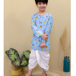 Superminis Cotton Full Sleeves Animals Printed Dhoti Kurta Set - Sky Blue & White-image-24