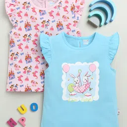 BUMZEE Cotton Pack Of 2 Cap Sleeves Dragon & Rabbits Printed Tees - Sky Blue & Pink-picture-6