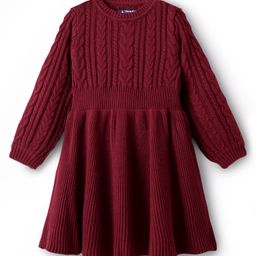 Pine Kids Knit Full Sleeves Woolen Dress with Cable Knit Design - Maroon-image-21
