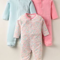 I Bears Interlock Knit Full Sleeves Floral Printed Footed Sleep Suits Pack of 3 - White Pink & Light Blue-image-28