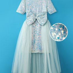 Hola Bonita Knit Half Sleeves Layered Party Skirt Dress with Sequin Detailing & Bow Applique - Aqua Blue-image-73