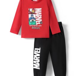 Kookie Kids Marvel Single Jersey Knit Full Sleeves Night Suit With Avengers Graphics - Red & Black-image-4