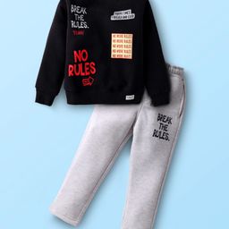 Olio Kids Looper Knit Full Sleeves Winter Wear Set With No Rules Text Print - Black-image-8