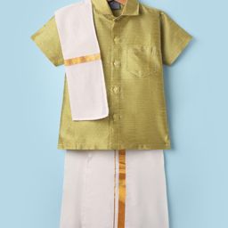 Dapper Dudes Cotton Silk Woven Half Sleeves Solid Shirt & Mundu With Angavastram Set - Rama Green-image-85