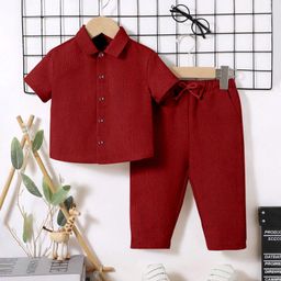 Fashion Dream Popcorn Knit Half Sleeves Textured Shirt & Coordinating Pant Set - Red-picture-46