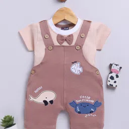 Jb Club Cotton Knit Sea Life Embroidered & Bow Applique Detailed Dungaree With Half Sleeves Tee Set - Brown-picture-23