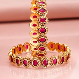 Rubans Set of 2, 22K Gold-Plated Ruby Pink Stone Studded Traditional Bangles-10