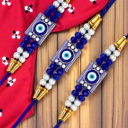 ADIVA Set Of 3 CZ Studded & Beaded Evil Eye Rakhis Roli Chawal & Greetings Card-image-86