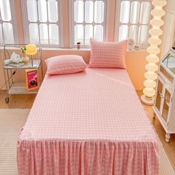 JC HOME Pink & White Geometric 150 TC Fitted King Bedsheet with 2 Pillow Covers-image-26