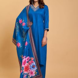 KALINI Floral Yoke Design Sequinned Pure Cotton Straight Kurta with Palazzo & Dupatta-image-93